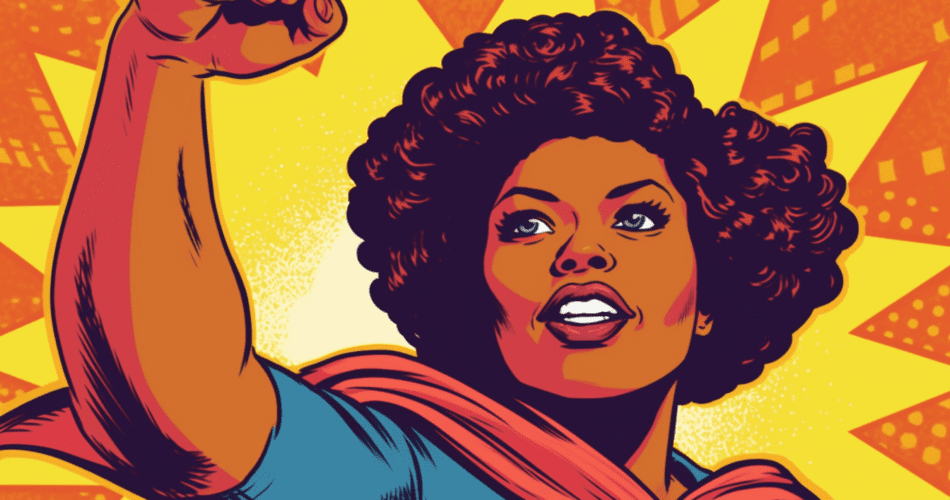 A Pop Art Illustration of a Black Female Superhero raising her fist