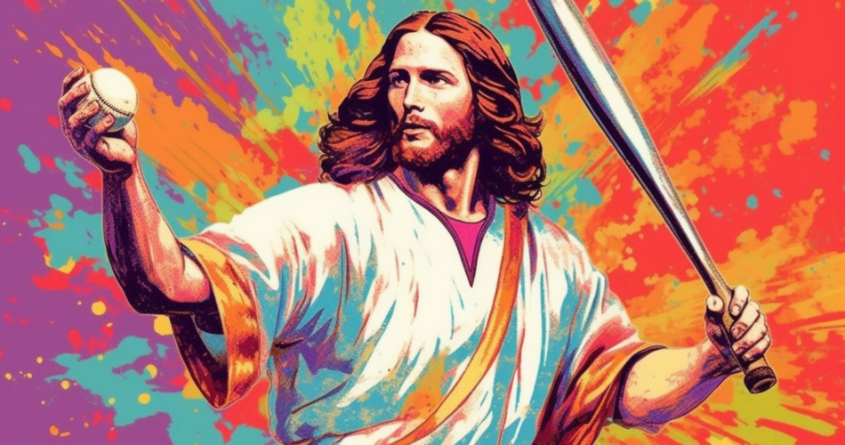 A pop art illustration of Jesus as a baseball player